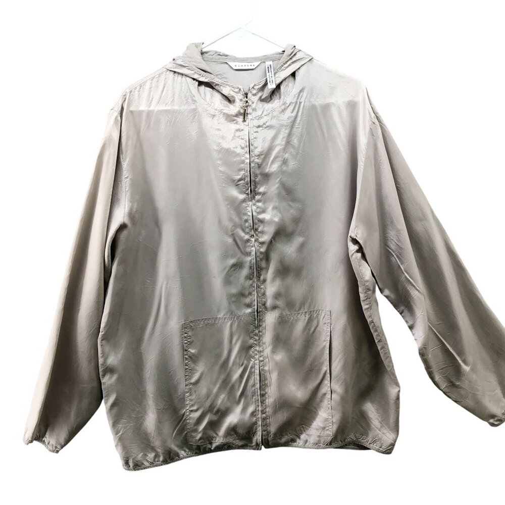VTG Clothes Silky Jacket Womens L Gray Windbreaker Lightweight Hooded‎ Full Zip